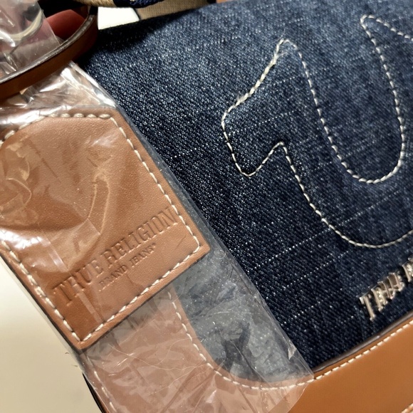 NWT TRUE RELIGION Saddle Flap Denim Crossbody Bag Stitched Horseshoe Logo Brown - Picture 4 of 9